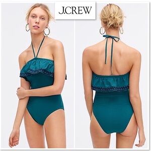 J Crew Ruffle Bandeau One Piece Swimsuit With Rickrack 4 Ruffle Peasant Preppy